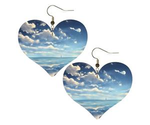 Boucles d'oreilles élégantes en forme de cœur avec motifs nuages blancs sur la mer, accessoires pour femmes, parfaits pour les fêtes et la Saint-Valentin.