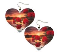Boucles d'oreilles élégantes en forme de cœur avec motifs roses rouges au coucher du soleil - Accessoire léger pour femme - Parfait pour les fêtes et la Saint-Valentin.