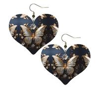 Boucles d'oreilles élégantes et légères en forme de cœur avec imprimés papillons dorés et blancs, parfaites pour les fêtes et la Saint-Valentin.