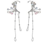 Boucles d'oreilles elfe complexes non percées avec pompons en cristal, boucles d'oreilles élégantes pour mariée, bijoux tendance uniques