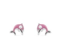 Boucles d'Oreilles Émail rose Dauphin Zircone Argent 925 brillant - Mondepetit