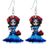 Boucles d'oreilles en acrylique avec motif de poupée morte du jour des morts - Couronne florale et rose, bijoux légers pour femme pour Halloween, cosplay et fêtes costumées