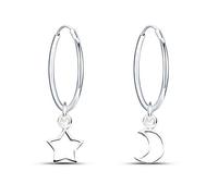 Boucles d'oreilles en Argent 925 petite boucle d'oreille creole Diamètre 16 mm Créoles Lune et Etoile Boucles d'oreilles Argent pour Femme Filles