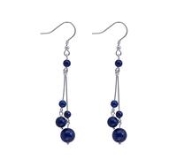 Boucles d'oreilles en argent 925 pour femmes, faites à la main classique bleu foncé Lapis Lazuli Boucles d'oreilles clips Ethniques Perles rondes simples Crochets d'oreilles longs Style chinois