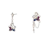 Boucles d'oreilles en argent asymétrique creux étoile Dangle, 22 × 9mm deux tons violet bleu émail et minuscule cristal Tassel chaîne goutte oreille bijoux, fantaisie céleste quotidienne