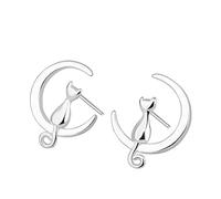 Boucles d'oreilles en argent sterling 925 - Motif chat sur la lune - Fabriquées à la main - Style simple - Boucles d'oreilles créoles en argent martelé, taille unique, Cuivre, Pas de pierre précieuse