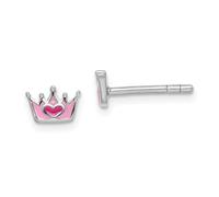 Boucles d'oreilles en argent sterling 925 plaqué rhodium pour garçons ou filles en forme de couronne rose émaillée mesurant 4,5 mm de long