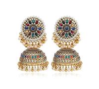 Boucles d'oreilles en argent sterling, boucles d'oreilles, boucles d'oreilles créoles, boucles d'oreilles Jhumka de fleur rouge ethnique classique for les femmes Vintage Boho indien bijoux couleur or