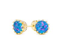 Boucles D'Oreilles En Argent Sterling Plaqué Or 14K Or Jaune Et Argent Sterling 6Mm Avec Solitaire Et Couronne D'Opale Bleue Créée Pierre De Naissance D'Octobre