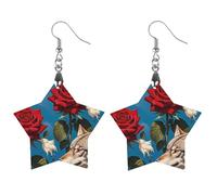 Boucles d'oreilles en bois à motif rose rouge et trois loups pour femme, bijoux vintage élégants en bois, boucles d'oreilles légères pour mariage, fête, cadeau de bijoux quotidiens, Star, Bois, Bois.