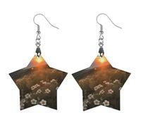 Boucles d'oreilles en bois au coucher de soleil et fleurs - Pendentifs vintage en bois naturel - Crochets de boucles d'oreilles classiques en bois pour femme, Circular, En bois, Bois.