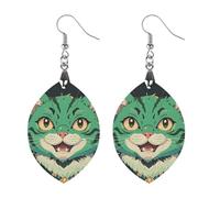 Boucles d'oreilles en bois avec chat vert anime pour femme, bijoux vintage élégants en bois, boucles d'oreilles légères pour mariage, fête, cadeau quotidien, Circular, Bois, Bois.