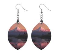 Boucles d'oreilles en bois avec pendentifs en bois naturel vintage pour femme Motif paysage de coucher de soleil montagnes et lacs, Circular, En bois, Bois.