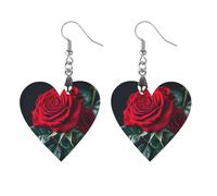 Boucles d'oreilles en bois avec rose rouge et fond noir pour femme, bijoux vintage élégants en bois, boucles d'oreilles légères pour mariage, fête, cadeau de bijoux au quotidien, Love, Bois, Bois.