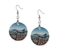 Boucles d'oreilles en bois Fighter Jets volant au-dessus des villes pour femme, bijoux vintage élégants en bois, boucles d'oreilles légères pour mariage, fête, cadeau de bijoux au quotidien, Circular
