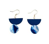 Boucles D'oreilles En Bois Géométrique Bohème Avec Des Boules De Tissu Teint Indigo Shibori, Artisan Dangle Crochets Pour Les Femmes, 14K Plaqué or Style Ethnique Léger