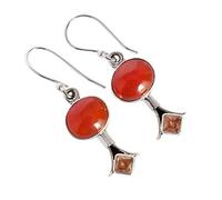 Boucles d'oreilles en cornaline cabochon ovale de 10 x 8 mm et quartz champagne rond de 4 mm, boucles d'oreilles pendantes en argent sterling 925 avec pierres précieuses naturelles