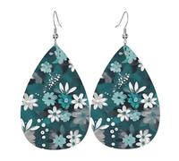 Boucles d'oreilles en cuir à motif floral bleu sarcelle gris et blanc - Boucles d'oreilles pour femme, adaptées pour le quotidien, les fêtes, les rendez-vous, etc.
