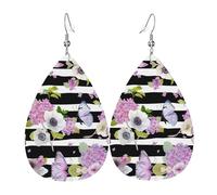Boucles d'oreilles en cuir à rayures et fleurs et papillons pour femme - Boucles d'oreilles percées en cuir - Cadeau d'anniversaire et de Noël