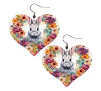 Boucles d'oreilles en cuir aquarelle lapin et fleurs pour femme - Boucles d'oreilles pendantes légères en forme de cœur - Bijoux cadeaux