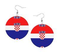 Boucles d'oreilles en cuir avec drapeau de la République de Croatie - Boucles d'oreilles pendantes rondes en cuir PVC imprimé double face avec crochets plaqués argent 925, taille unique, argent