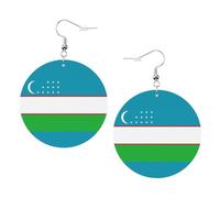 Boucles d'oreilles en cuir avec drapeau de la République d'Ouzbékistan - Boucles d'oreilles pendantes rondes double face en cuir PVC imprimé avec crochets plaqués argent 925, taille unique, argent