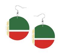 Boucles d'oreilles en cuir avec drapeau de la République tchétchène - Boucles d'oreilles pendantes rondes en cuir PVC imprimé double face avec crochets plaqués argent 925, taille unique, argent