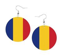 Boucles d'oreilles en cuir avec drapeau de la Roumanie - Boucles d'oreilles pendantes rondes en cuir PVC imprimé double face avec crochets plaqués argent 925, taille unique, argent sterling, pierre