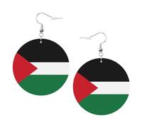 Boucles d'oreilles en cuir avec drapeau de l'État de Palestine - Boucles d'oreilles pendantes rondes en cuir PVC imprimé double face avec crochets plaqués argent 925, taille unique, argent sterling