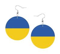Boucles d'oreilles en cuir avec drapeau de l'Ukraine - Boucles d'oreilles pendantes rondes en cuir PVC imprimé double face avec crochets plaqués argent 925, taille unique, argent sterling, pierre d'or