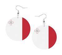 Boucles d'oreilles en cuir avec drapeau de Malte - Boucles d'oreilles pendantes rondes en cuir PVC imprimé double face avec crochets plaqués argent 925, taille unique, argent sterling, pierre d'or