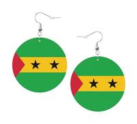 Boucles d'oreilles en cuir avec drapeau de Sao Tomé et Principe - Boucles d'oreilles pendantes rondes en cuir synthétique imprimé double face avec crochets plaqués argent 925, taille unique, argent