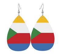 Boucles d'oreilles en cuir avec drapeau des Comores. Forme élégante en forme de goutte, parfaite pour les femmes, et un excellent choix de décoration pour les fêtes et les vacances.