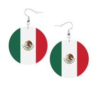 Boucles d'oreilles en cuir avec drapeau du Mexique - Boucles d'oreilles pendantes rondes en cuir PVC imprimé double face avec crochets plaqués argent 925, taille unique, argent sterling, pierre d'or