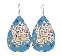 Boucles d'oreilles en cuir avec motif carte de France avec icônes décorées en forme de goutte d'eau pour femme avec crochet tendance vintage fête au quotidien, taille unique, Cuir
