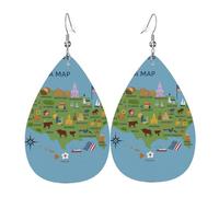 Boucles d'oreilles en cuir avec motif carte des États-Unis avec icônes imprimées en forme de larme pour femme avec crochet tendance vintage fête au quotidien, taille unique, Cuir