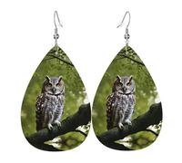 Boucles d'oreilles en cuir avec motif chouette et branches d'arbre imprimées en forme de goutte d'eau, accessoire tendance pour fêtes de fin d'année