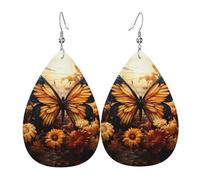 Boucles d'oreilles en cuir avec motif de papillons et fleurs oranges et jaunes - Légères - Parfaites pour Noël, la Saint-Valentin