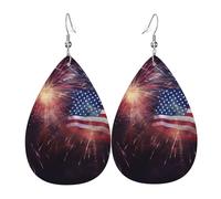 Boucles d'oreilles en cuir avec motif drapeau américain feu d'artifice pour femme - Boucles d'oreilles pendantes double face - Accessoires d'oreille légers pour femme - Bijoux tendance - Cadeau