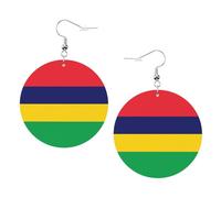 Boucles d'oreilles en cuir avec motif drapeau de l'île Maurice - Boucles d'oreilles pendantes rondes en cuir PVC imprimé double face avec crochets plaqués argent 925, taille unique, argent sterling
