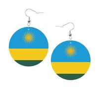 Boucles d'oreilles en cuir avec motif drapeau du Rwanda - Boucles d'oreilles pendantes rondes en cuir PVC imprimé double face avec crochets plaqués argent 925, taille unique, argent sterling, pierre