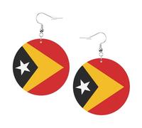Boucles d'oreilles en cuir avec motif drapeau du Timor-Leste - Boucles d'oreilles pendantes rondes en cuir PVC imprimé double face avec crochets plaqués argent 925, taille unique, argent sterling