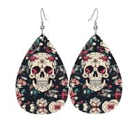 Boucles d'oreilles en cuir avec motif floral et tête de mort - Motif en forme de goutte d'eau - Accessoire tendance pour les fêtes de fin d'année
