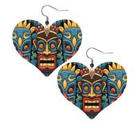 Boucles d'oreilles en cuir avec motif masque tiki coloré pour femme - Boucles d'oreilles pendantes légères en forme de cœur - Bijoux cadeaux