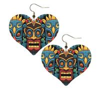 Boucles d'oreilles en cuir avec motif masque tiki coloré pour femme - Boucles d'oreilles pendantes légères en forme de cœur - Bijoux cadeaux, One Size, Pas de gemme