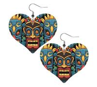 Boucles d'oreilles en cuir avec motif masque tiki coloré pour femme - Boucles d'oreilles pendantes légères en forme de cœur - Bijoux cadeaux