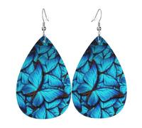 Boucles d'oreilles en cuir avec motif papillon bleu en forme de larme pour femme avec crochet - Style vintage - À porter au quotidien, taille unique, Cuir