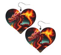 Boucles d'oreilles en cuir avec pendentif en forme de cœur avec motif roi dragon dans le feu - Élégantes et légères - Pour femmes et filles - Taille unique - Cuir - Sans pierre précieuse