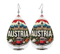 Boucles d'oreilles en cuir avec pendentif en forme de goutte d'eau - Motif château d'Autriche - Style vintage - Pour femme, taille unique, Cuir