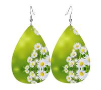 Boucles d'oreilles en cuir avec pendentif imprimé floral et marguerites en forme de larme pour femme - Style vintage - Pour une fête ou un usage quotidien, taille unique, Cuir